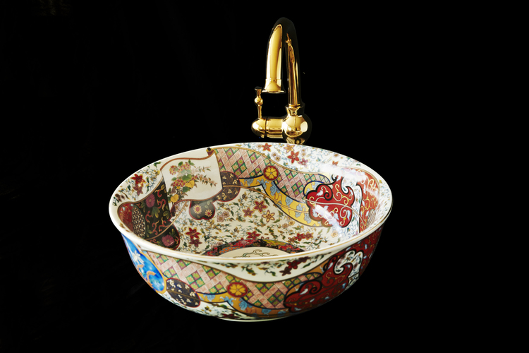 Contemporary Asian inspired multi colour porcelain bathroom basin