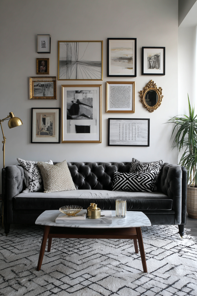 Black and white themed gallery wall in a living room