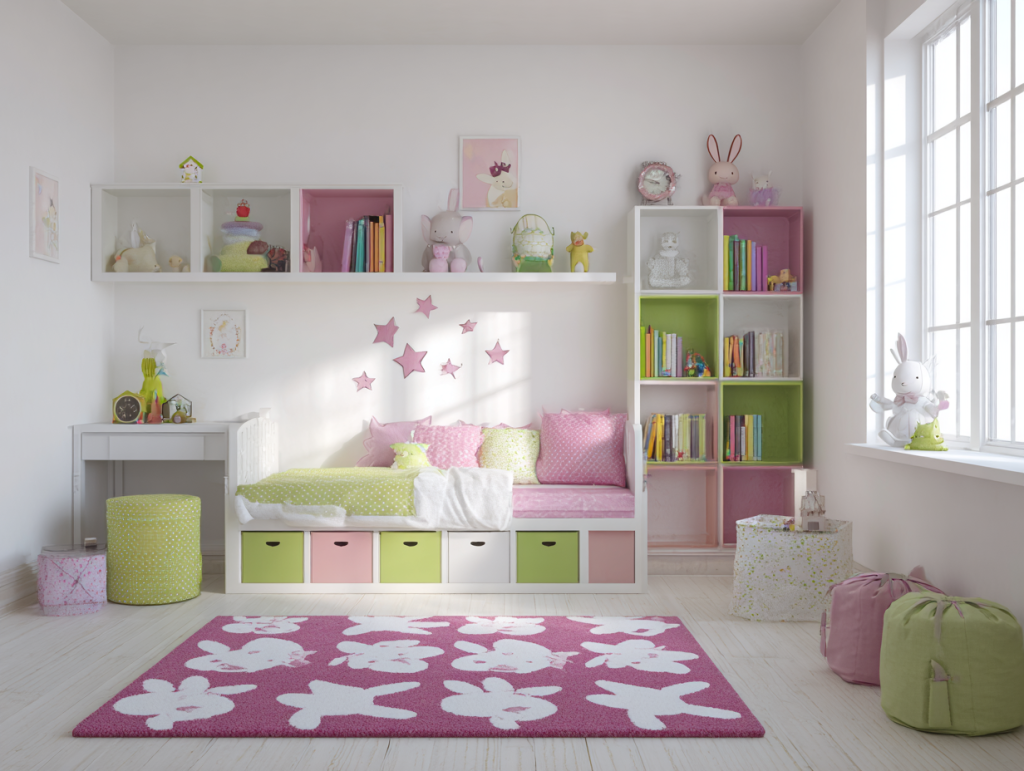Pink, white and lime green kids bedroom decor