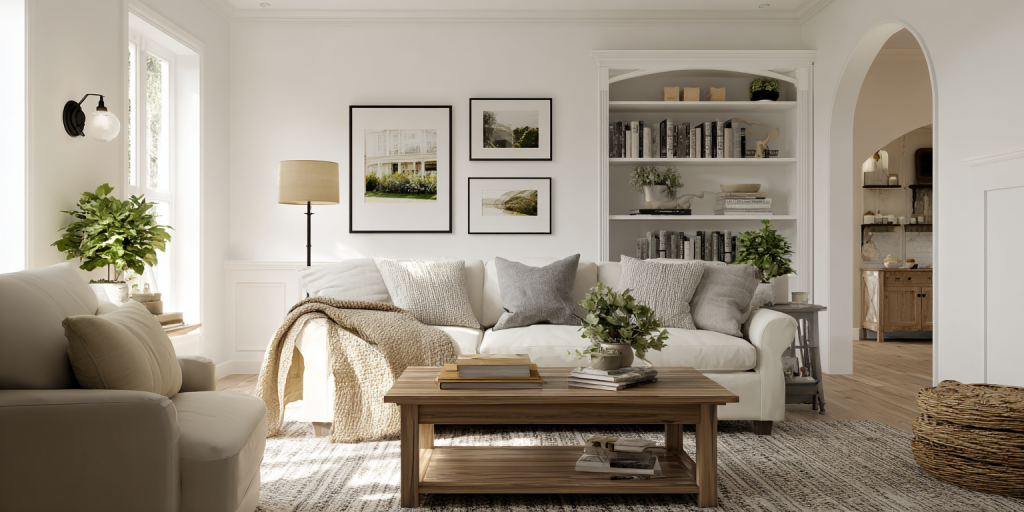 Cosy living room interior with a neutral colour palette